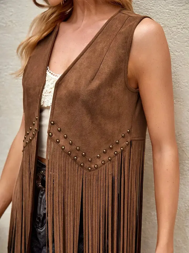 Studded Detail Fringe Vest