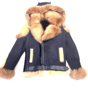 Temer Men's Navy Blue Over Sized Fox Fur Collar/ Hooded Shearling Jacket