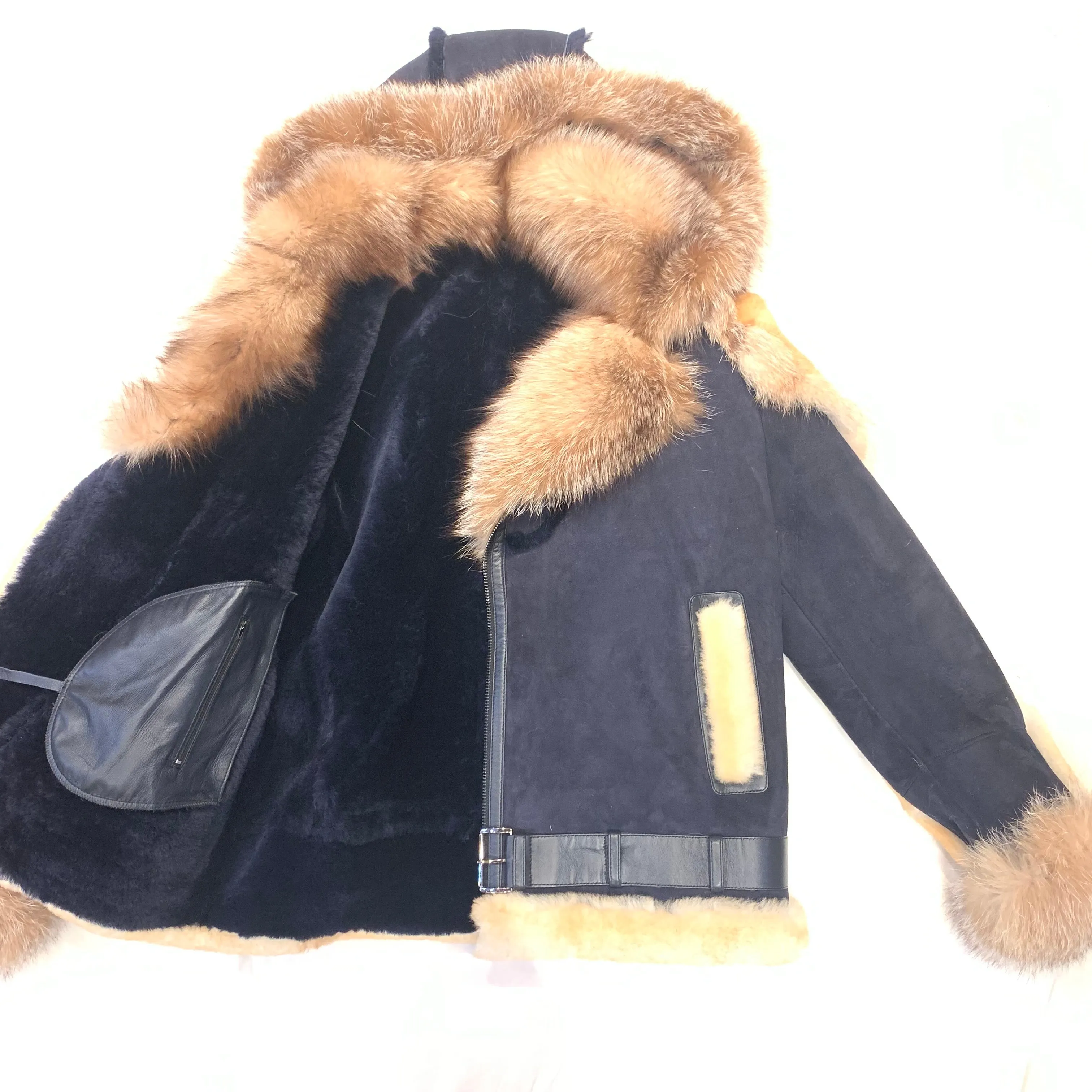 Temer Men's Navy Blue Over Sized Fox Fur Collar/ Hooded Shearling Jacket