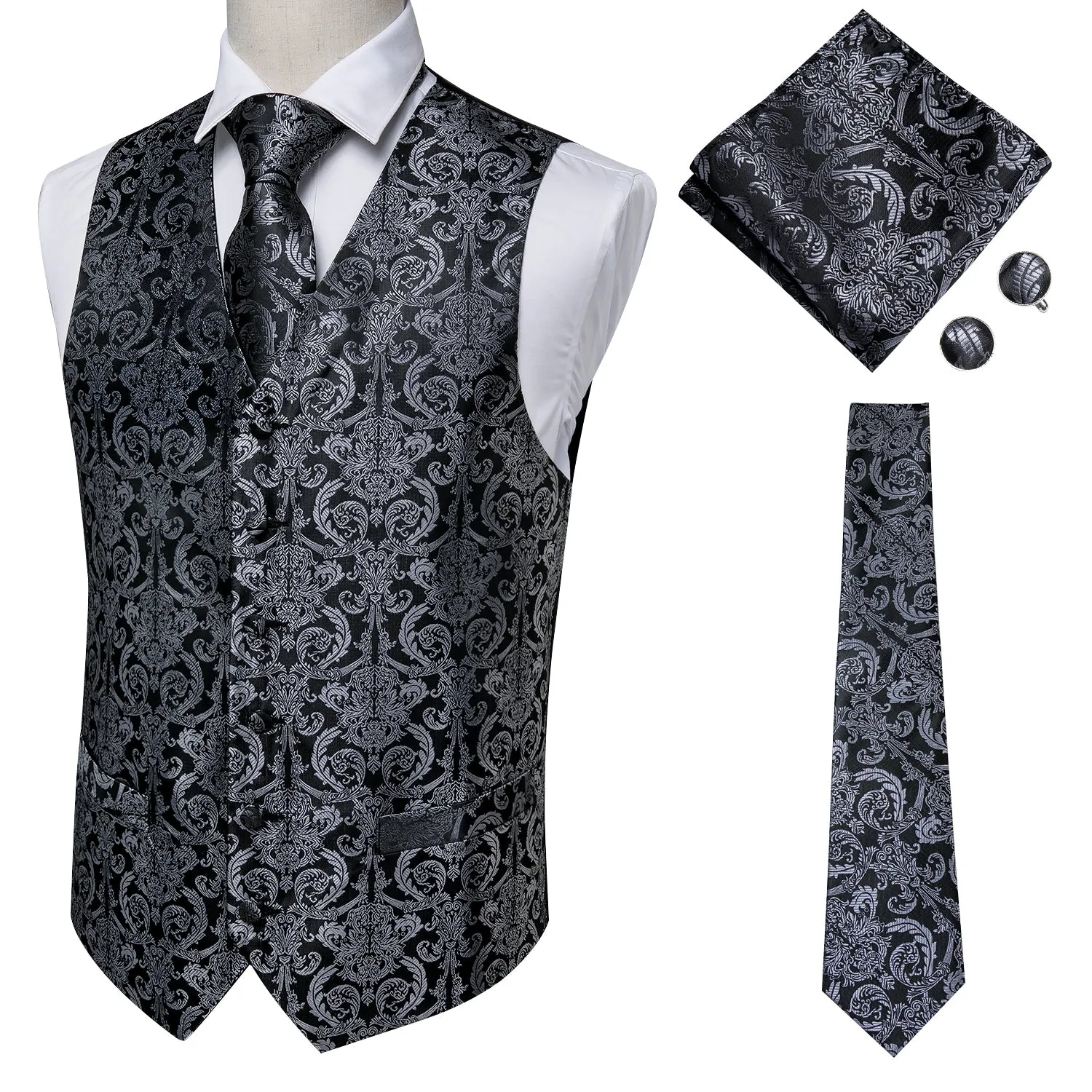 Ties2you Black Tie Vest Grey Paisley Jacquard Silk Men's Vest Hanky Cufflinks Tie Set Waistcoat Suit Set