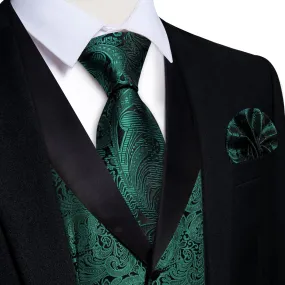 Ties2you Dress Vest Deep Green Black Floral Shawl Collar Silk Mens Waistcoat Tie Set