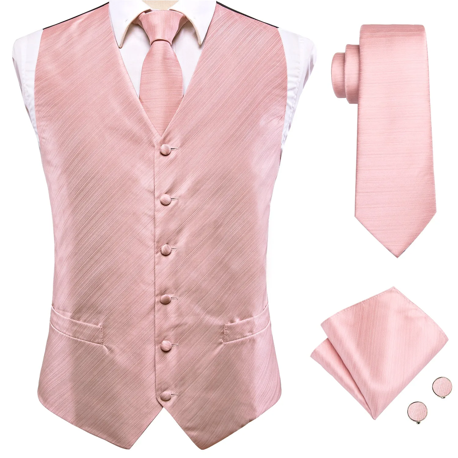 Ties2you Mens Waistcoat Suit Set Baby Pink Solid Vest Tie Hanky Cufflinks Set