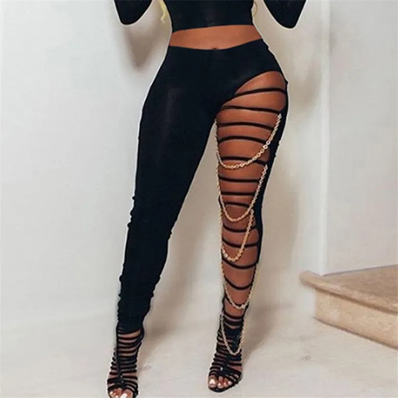 Trendy High Waist Jeggings With Chains