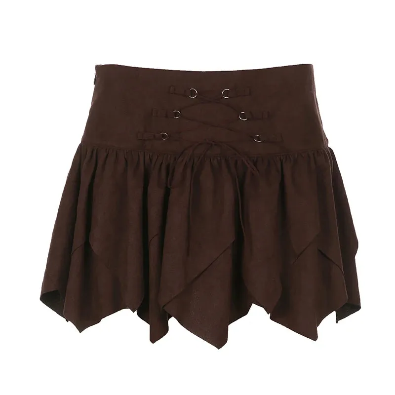 Vintage Fashion Suede High Waist Mini Skirt Lace Up Irregular Hem Harajuku Folds Hottie Preppy Style Female Skirt Y2K