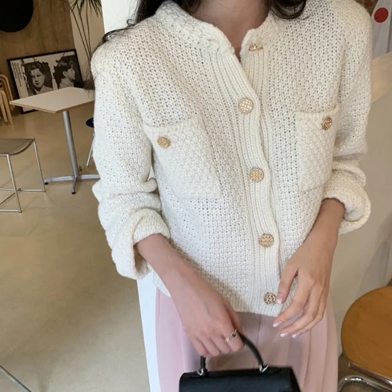 Vintage Women Cardigans Sweater Elegant Single Breasted Autumn Knitted Short Jacket Casual O Neck Korean Female Coats