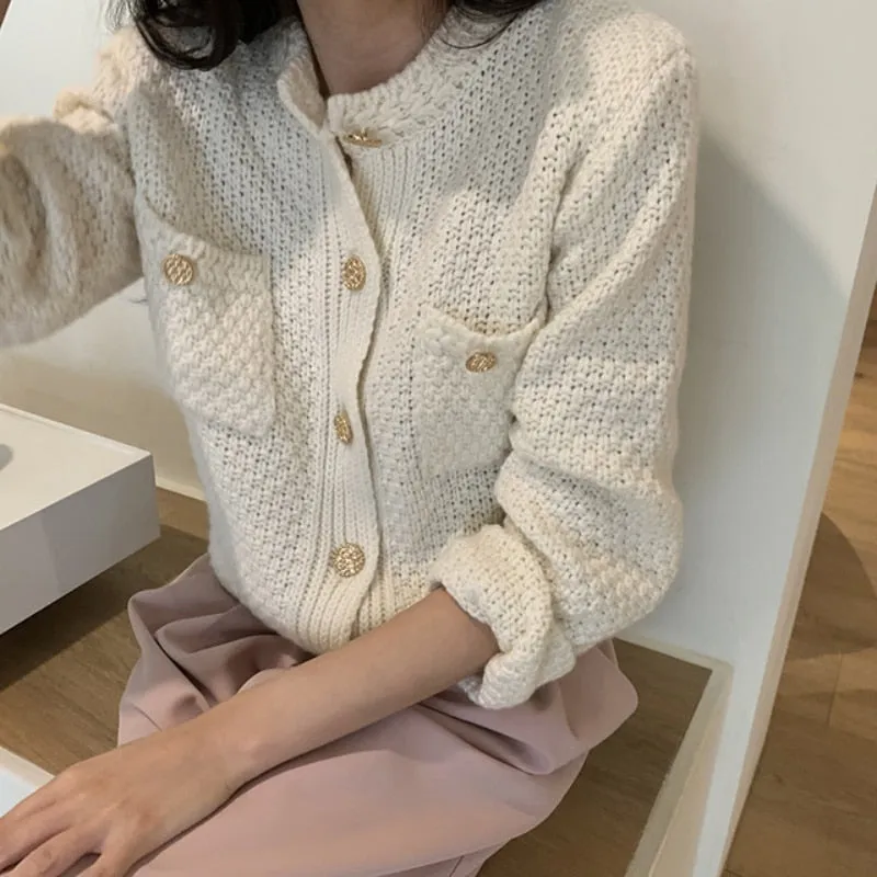 Vintage Women Cardigans Sweater Elegant Single Breasted Autumn Knitted Short Jacket Casual O Neck Korean Female Coats