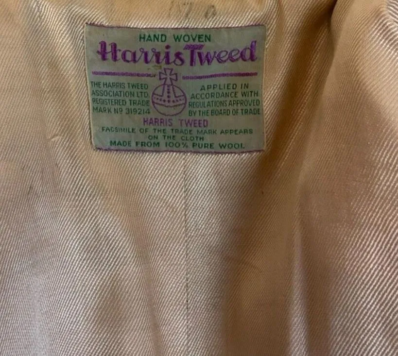 VTG 1940s / 1950s HAND TAILORED WOOL HARRIS TWEED MENS OVERCOAT SATIN LINED 42”