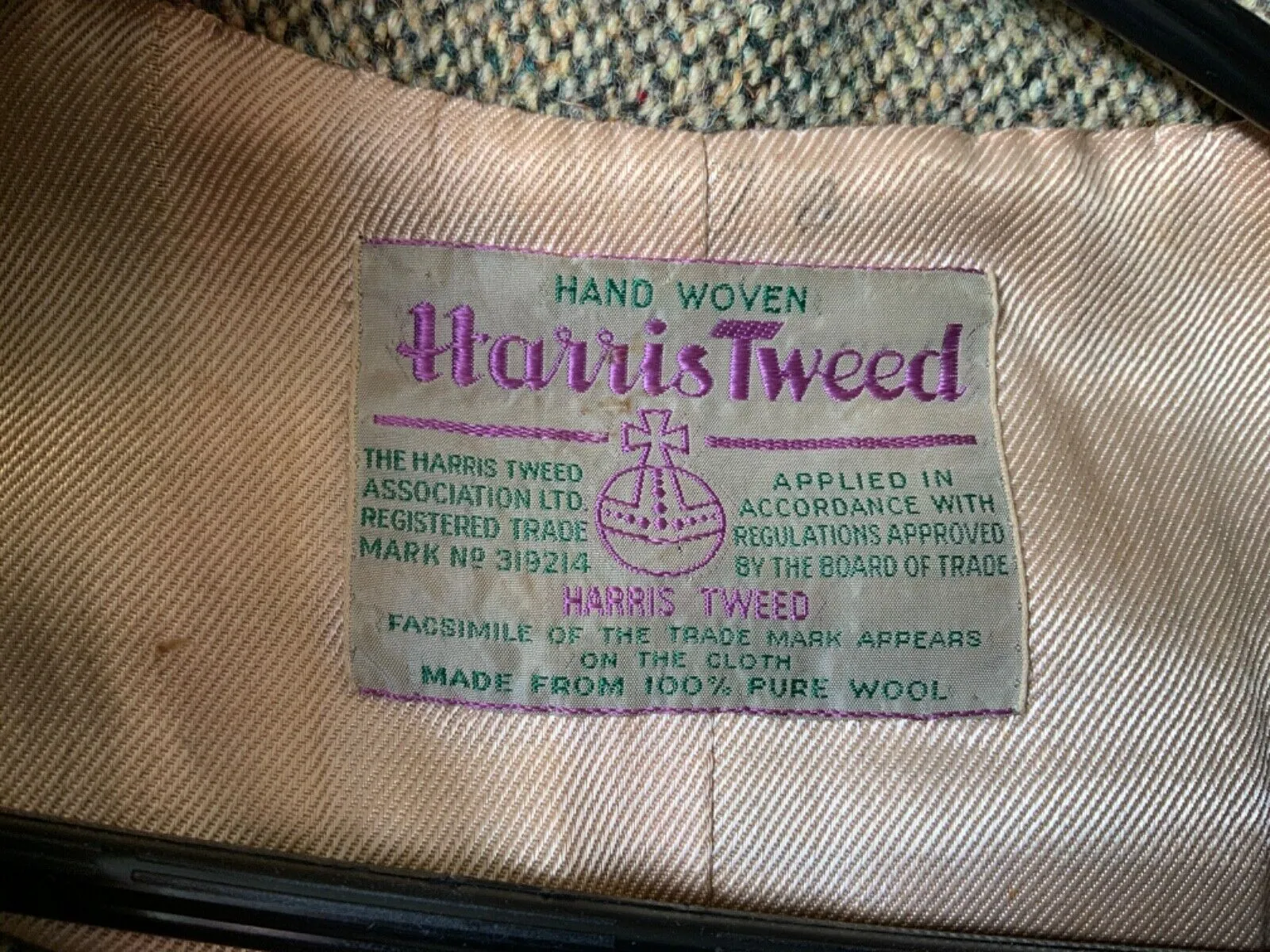 VTG 1940s / 1950s HAND TAILORED WOOL HARRIS TWEED MENS OVERCOAT SATIN LINED 42”