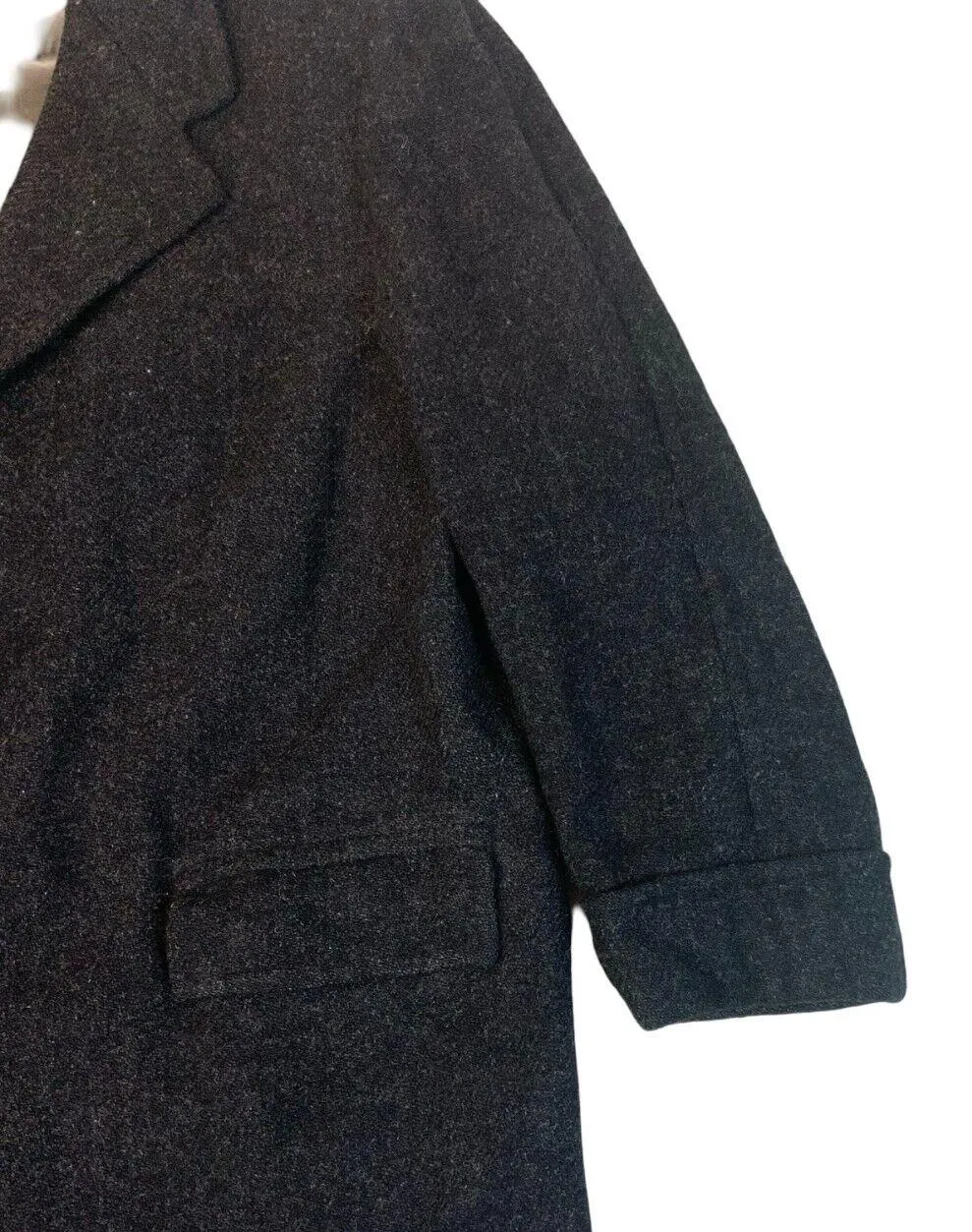 VTG 50s HARRIS TWEED CHARCOAL FLECK WOOL OVERCOAT SATIN LINED L 42