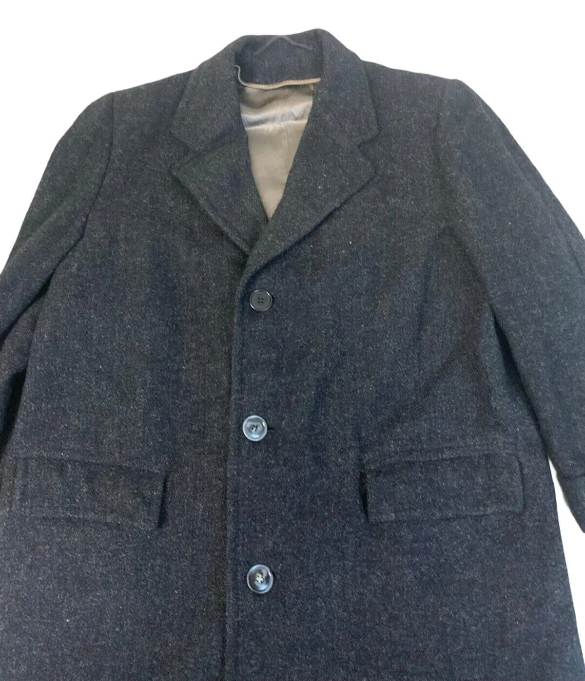 VTG 50s HARRIS TWEED CHARCOAL FLECK WOOL OVERCOAT SATIN LINED L 42