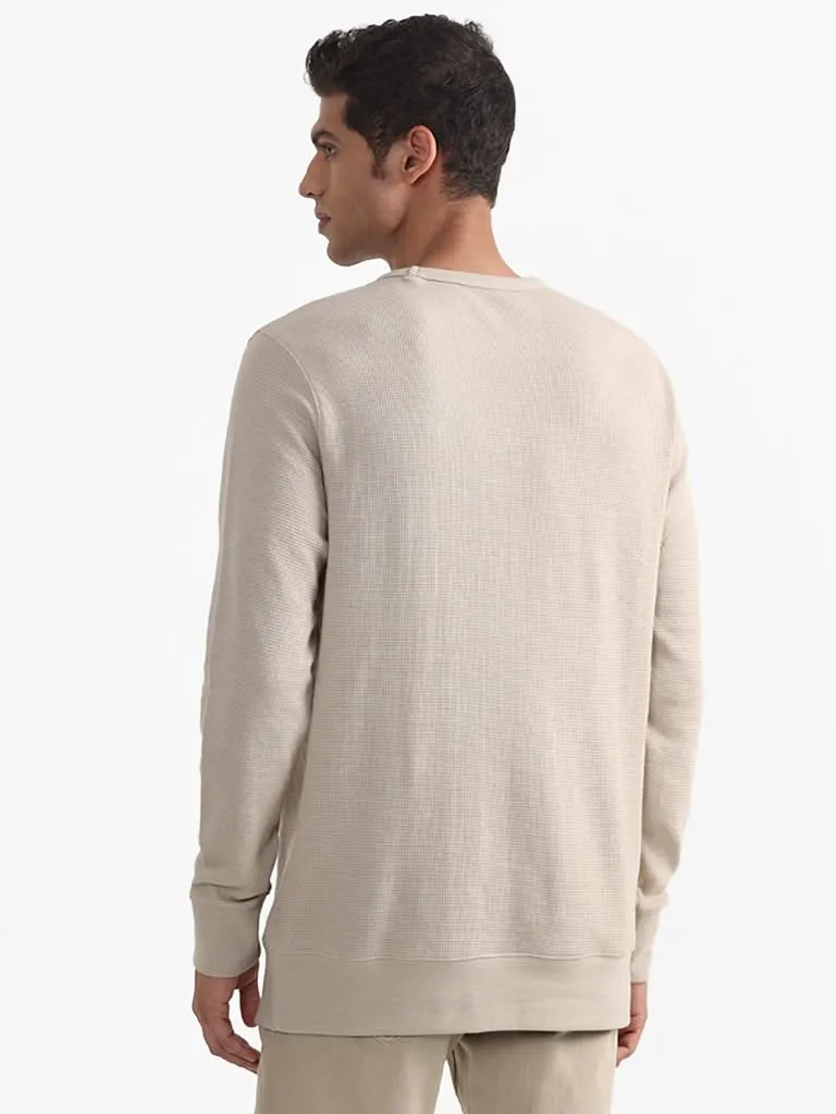 WES Casuals Patterned Beige Cotton Blend Slim-Fit Sweater