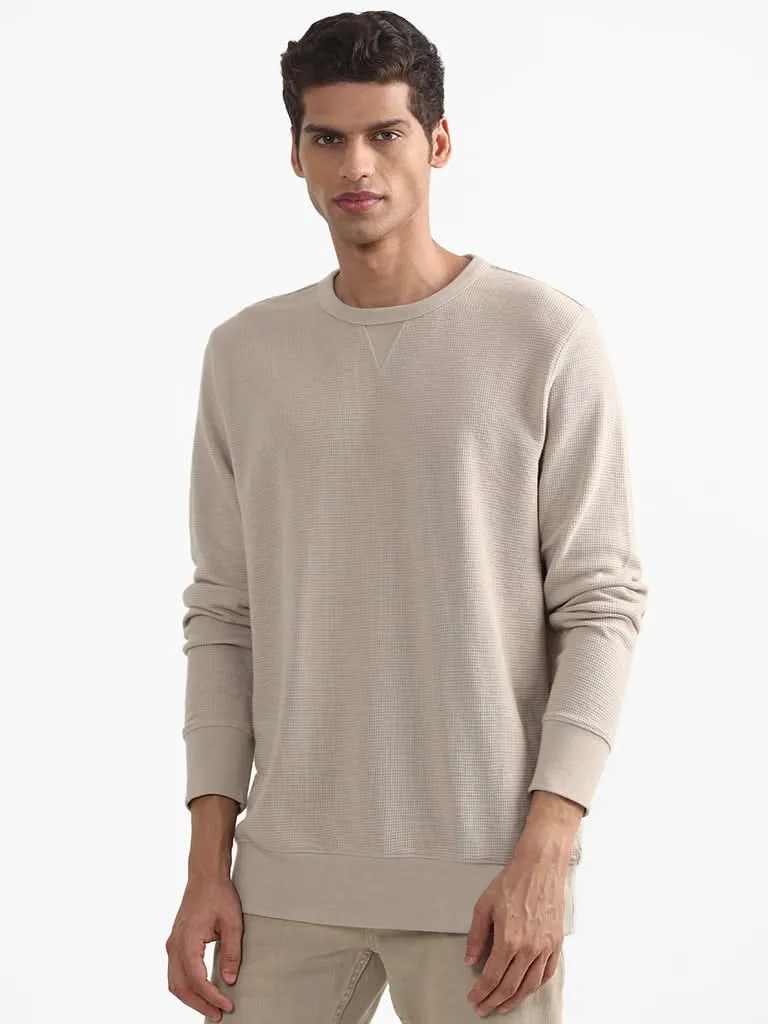 WES Casuals Patterned Beige Cotton Blend Slim-Fit Sweater