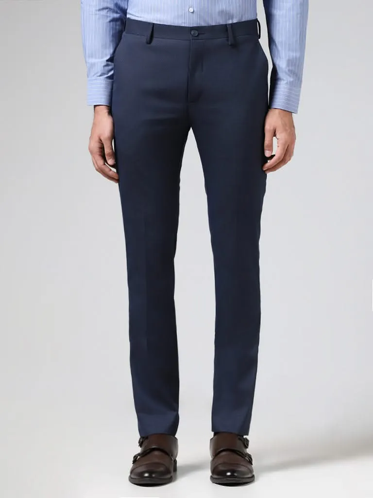 WES Formals Solid Navy Ultra-Slim-Fit Mid-Rise Trousers