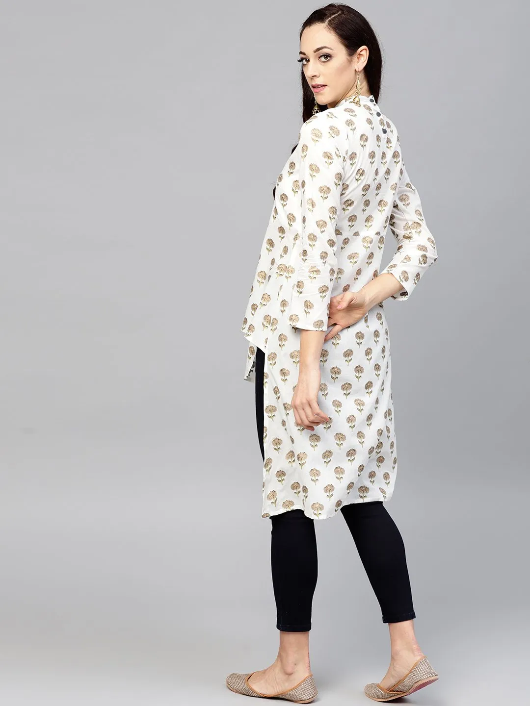 White Asymetric Printed Tunic With Madarin Collar And 3/4 Sleeves