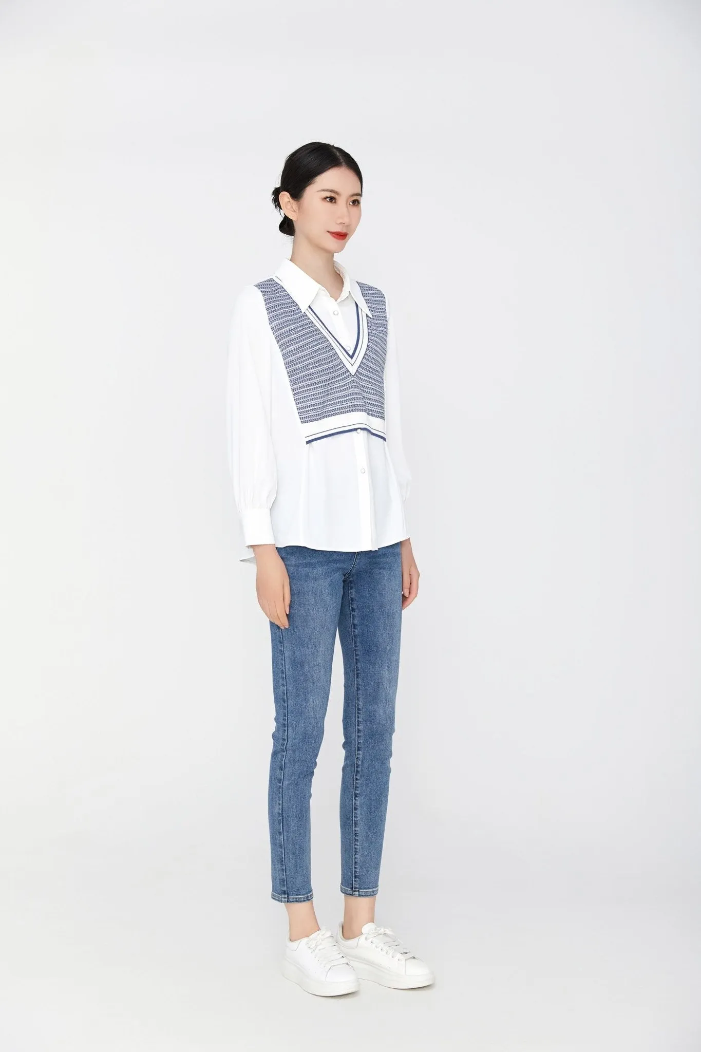 White Knit Vest Fake Two-Piece Shirt