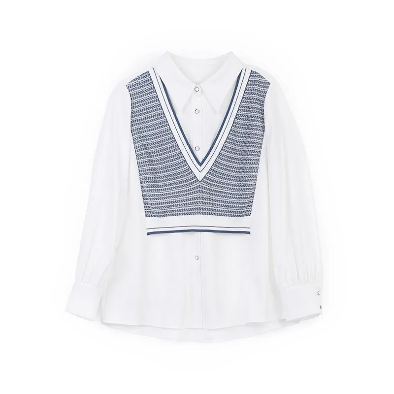 White Knit Vest Fake Two-Piece Shirt