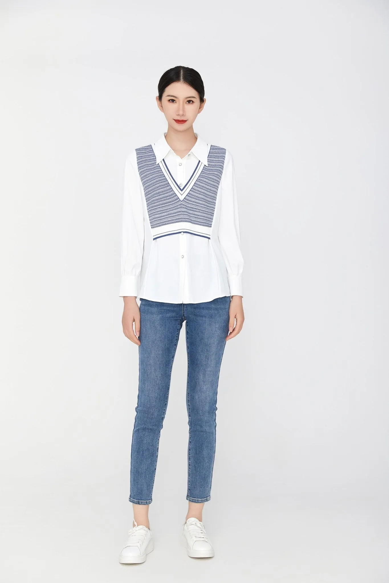 White Knit Vest Fake Two-Piece Shirt