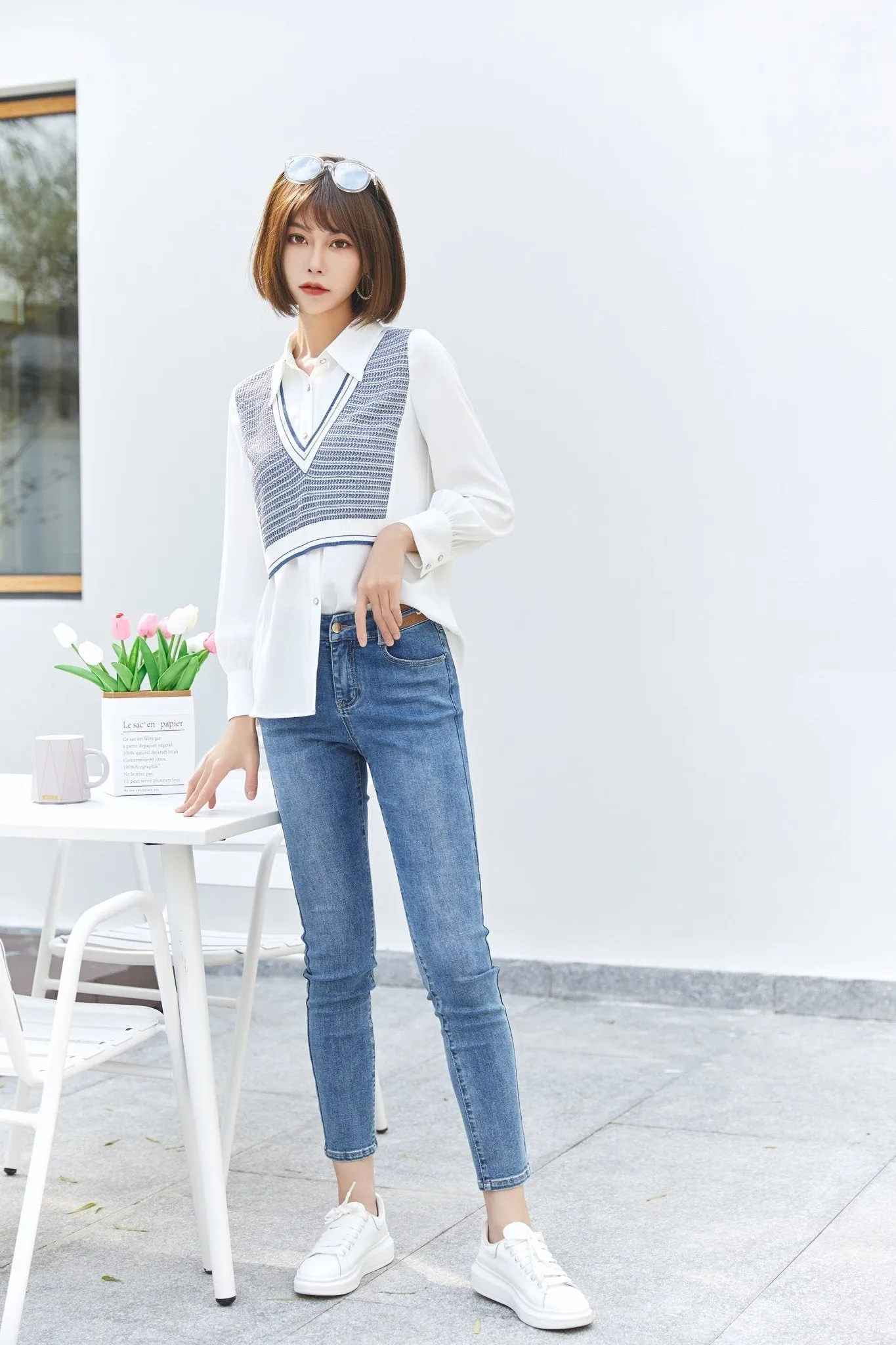 White Knit Vest Fake Two-Piece Shirt