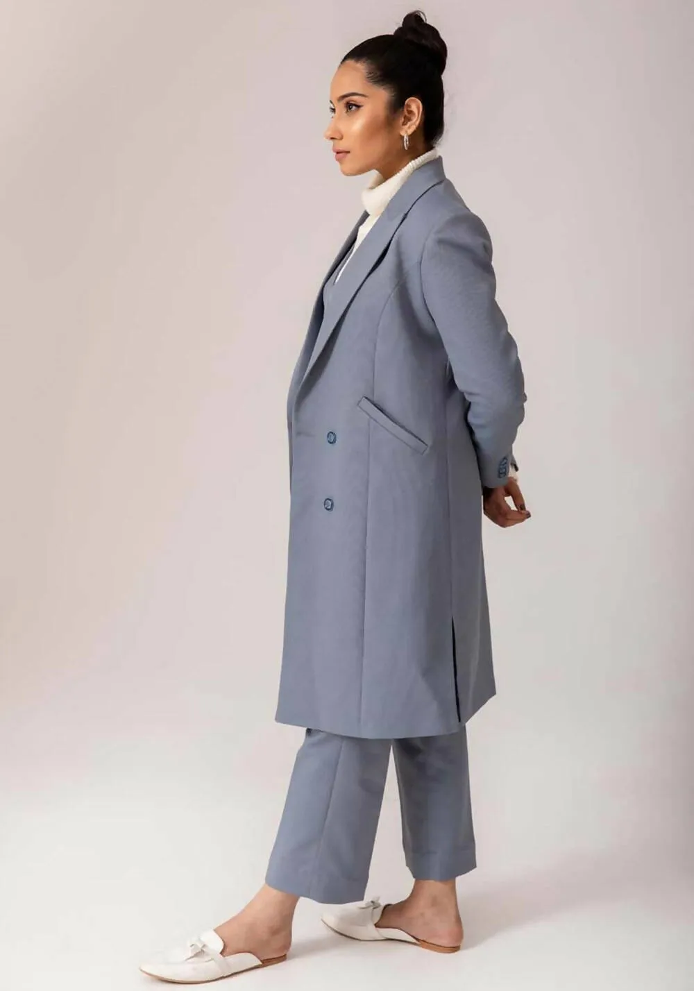 Women Blue Formal Long Overcoat