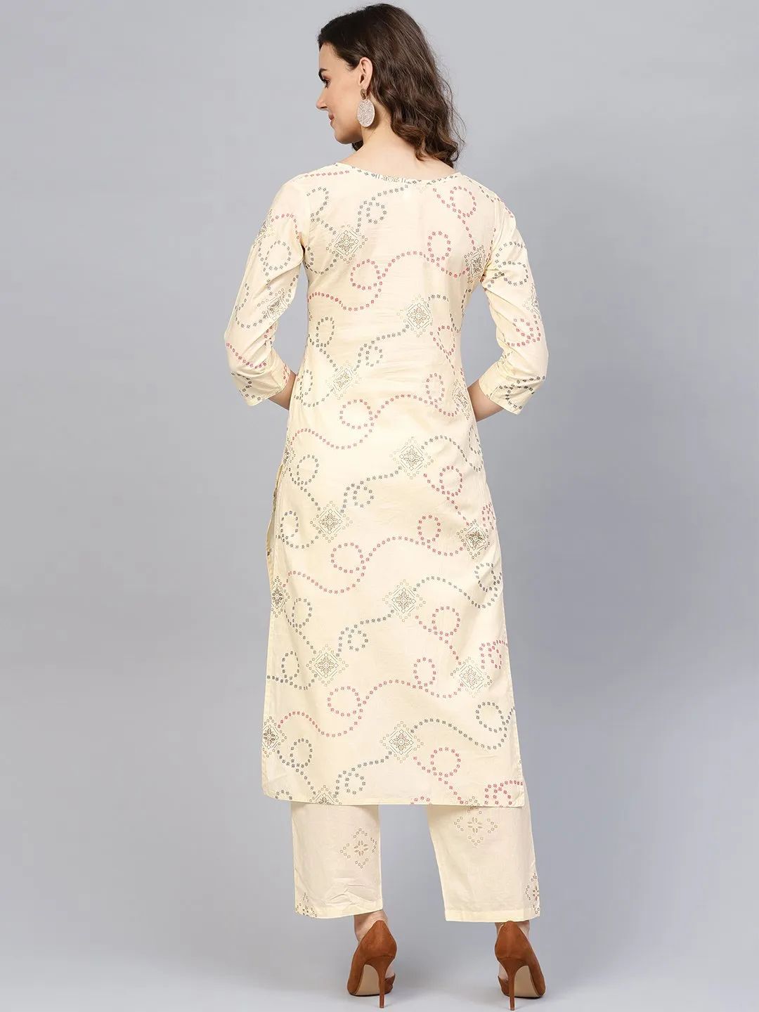 Women Cream-Coloured & Red Printed Kurta With Trousers