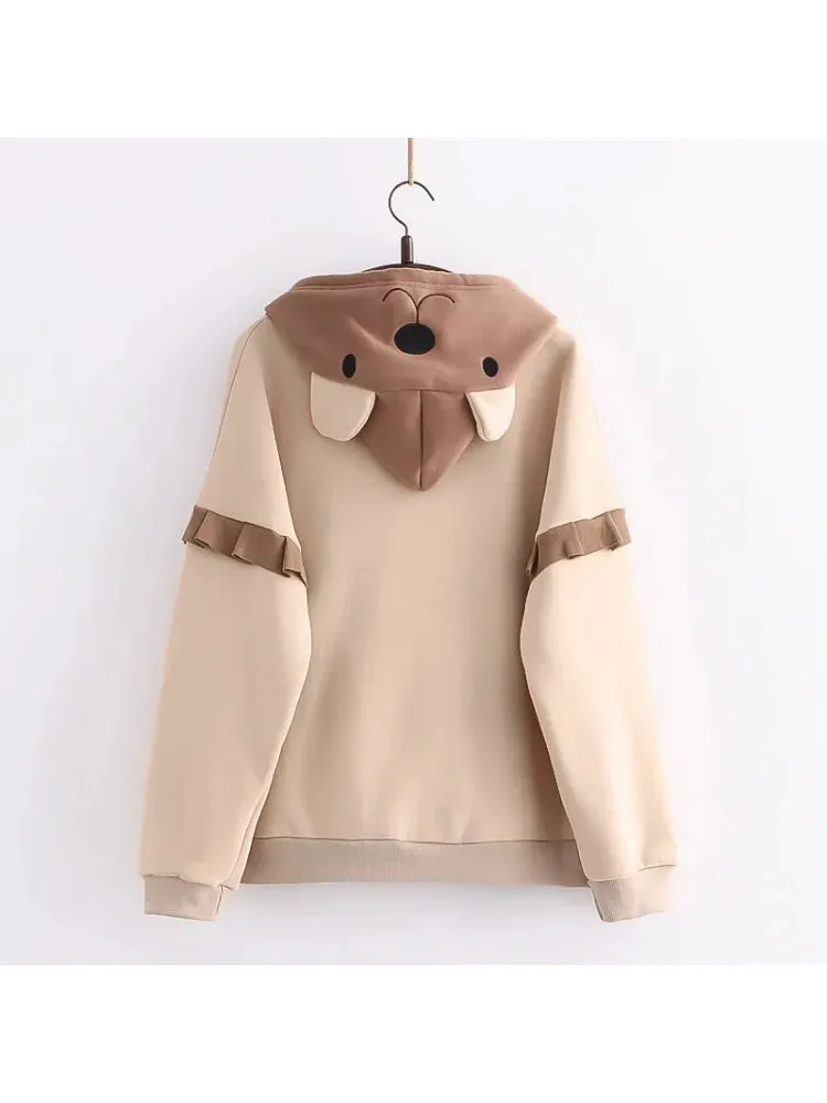 Women Cute Drawstring Bear Embroidery Fleece Hoodies Winter Korean Fashion Harajuku Hoody Sweatshirt Female Pullover Top