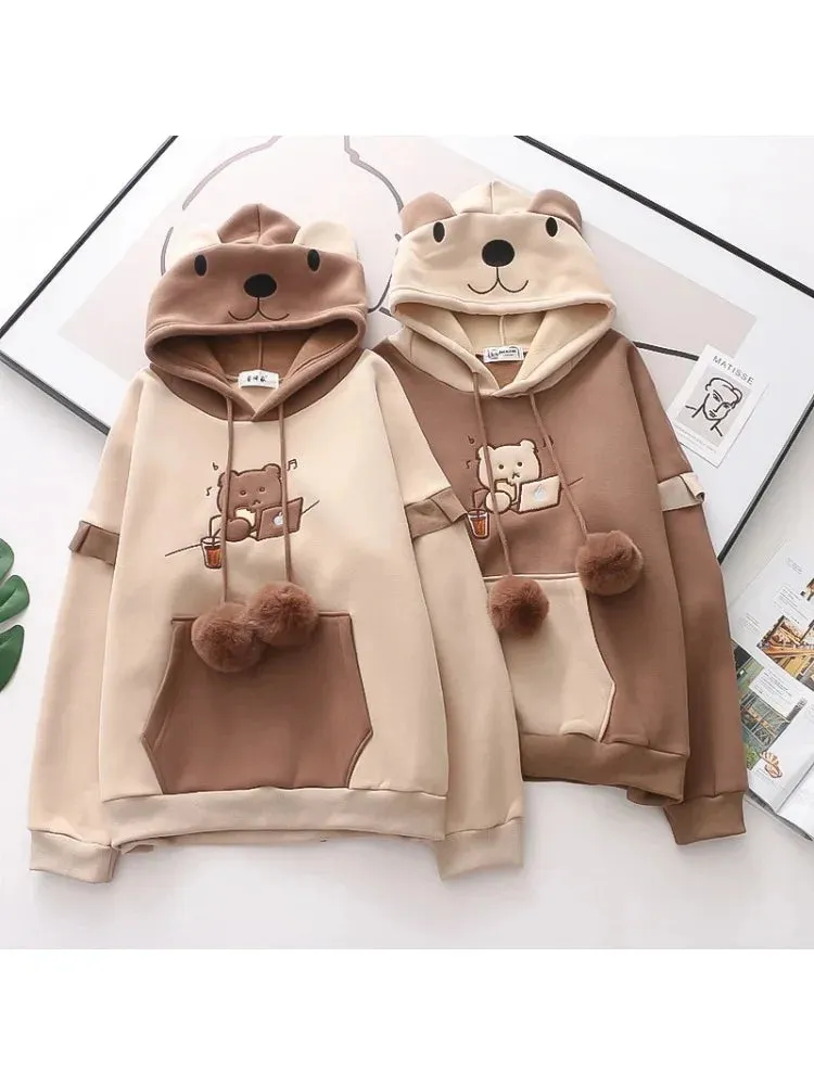 Women Cute Drawstring Bear Embroidery Fleece Hoodies Winter Korean Fashion Harajuku Hoody Sweatshirt Female Pullover Top