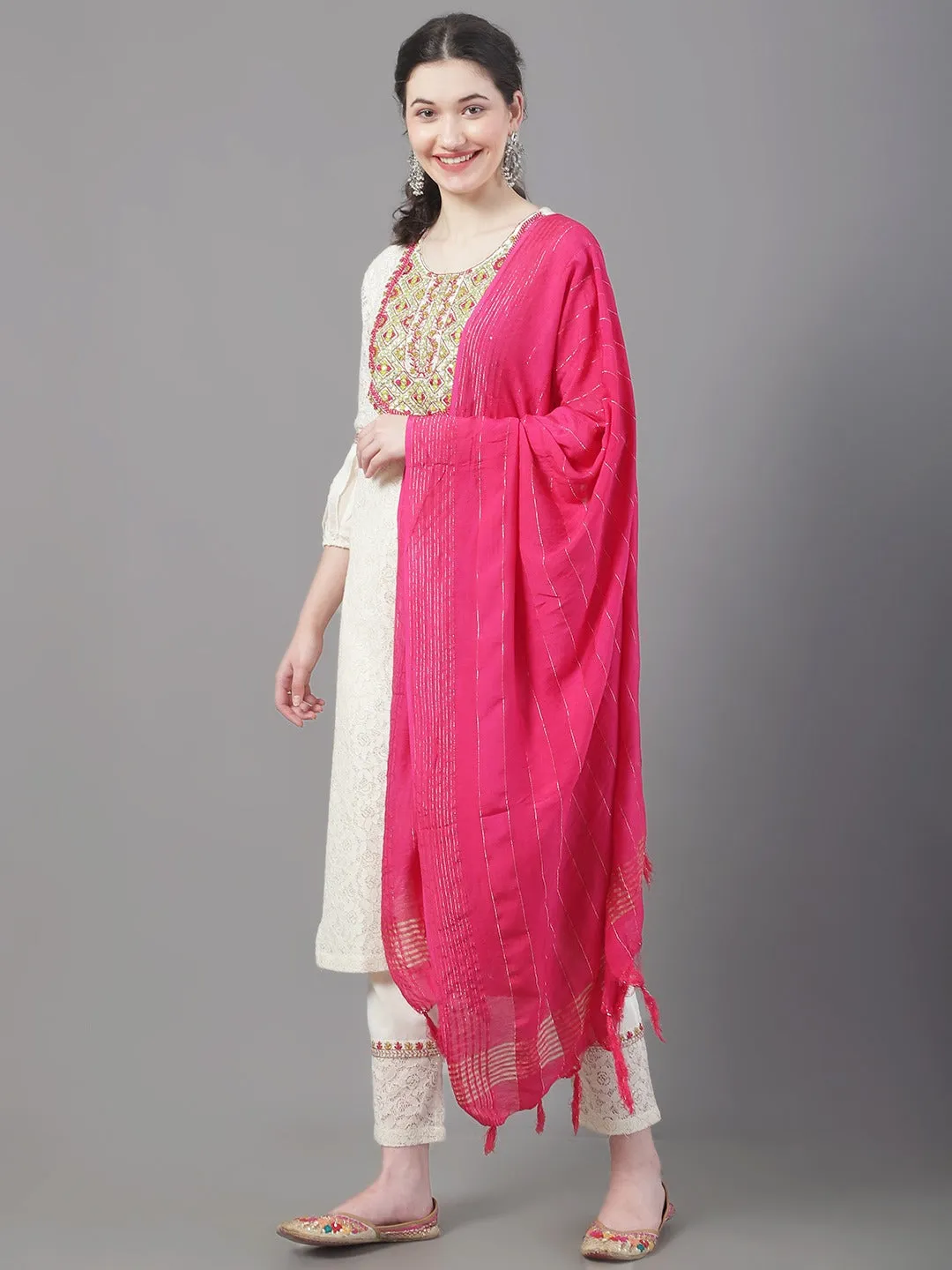 Women Embroidered Pure Cotton Kurta With Trousers & Dupatta