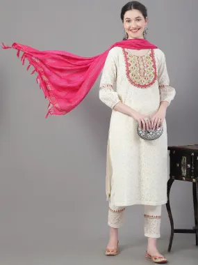 Women Embroidered Pure Cotton Kurta With Trousers & Dupatta