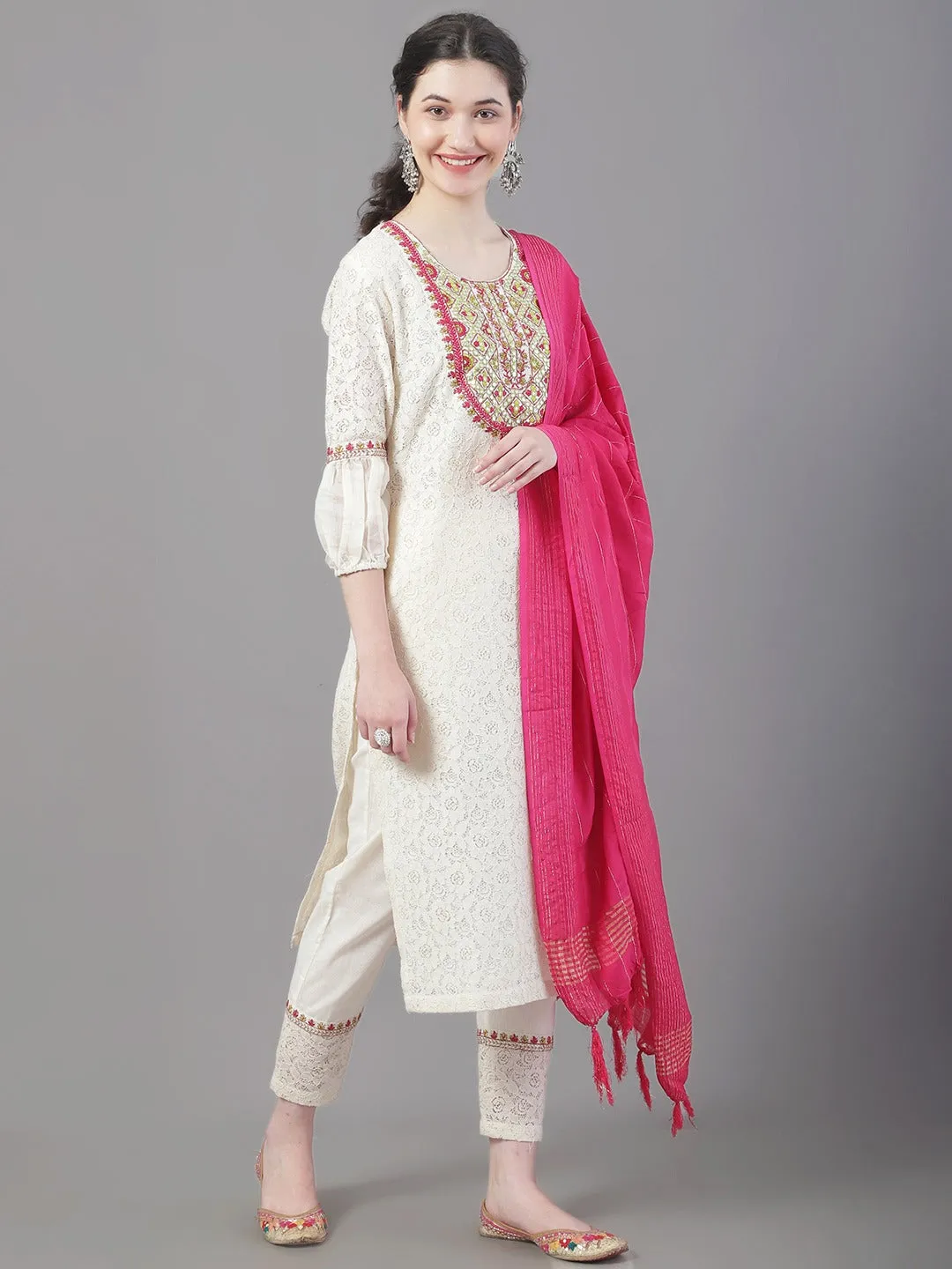 Women Embroidered Pure Cotton Kurta With Trousers & Dupatta