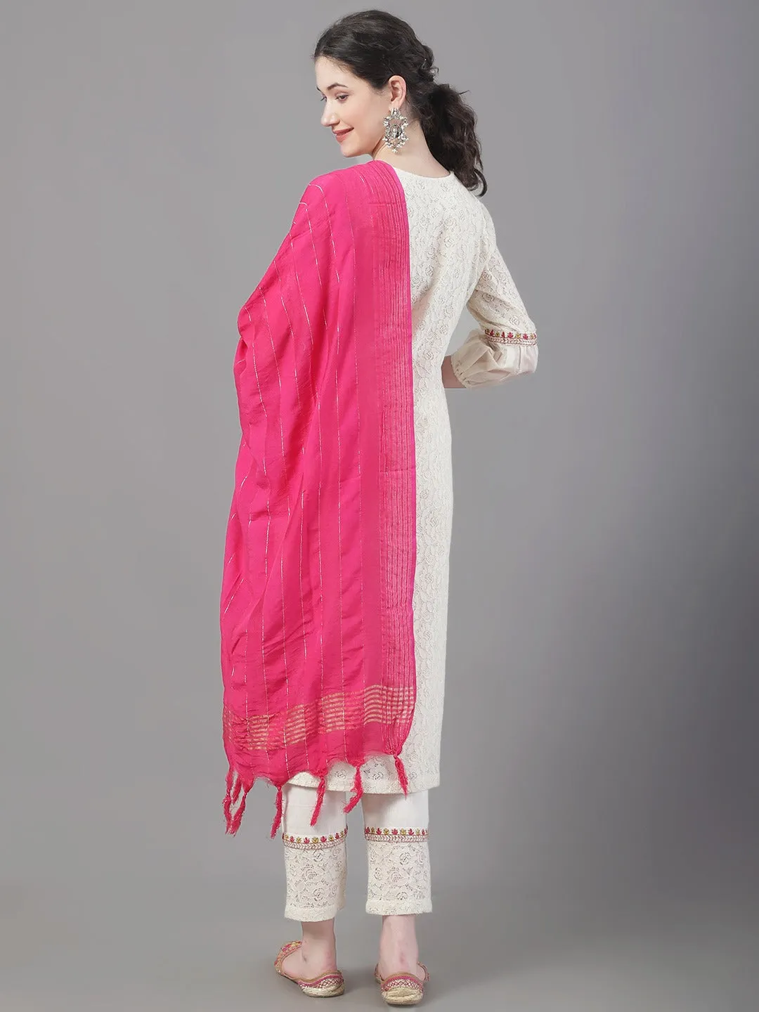 Women Embroidered Pure Cotton Kurta With Trousers & Dupatta