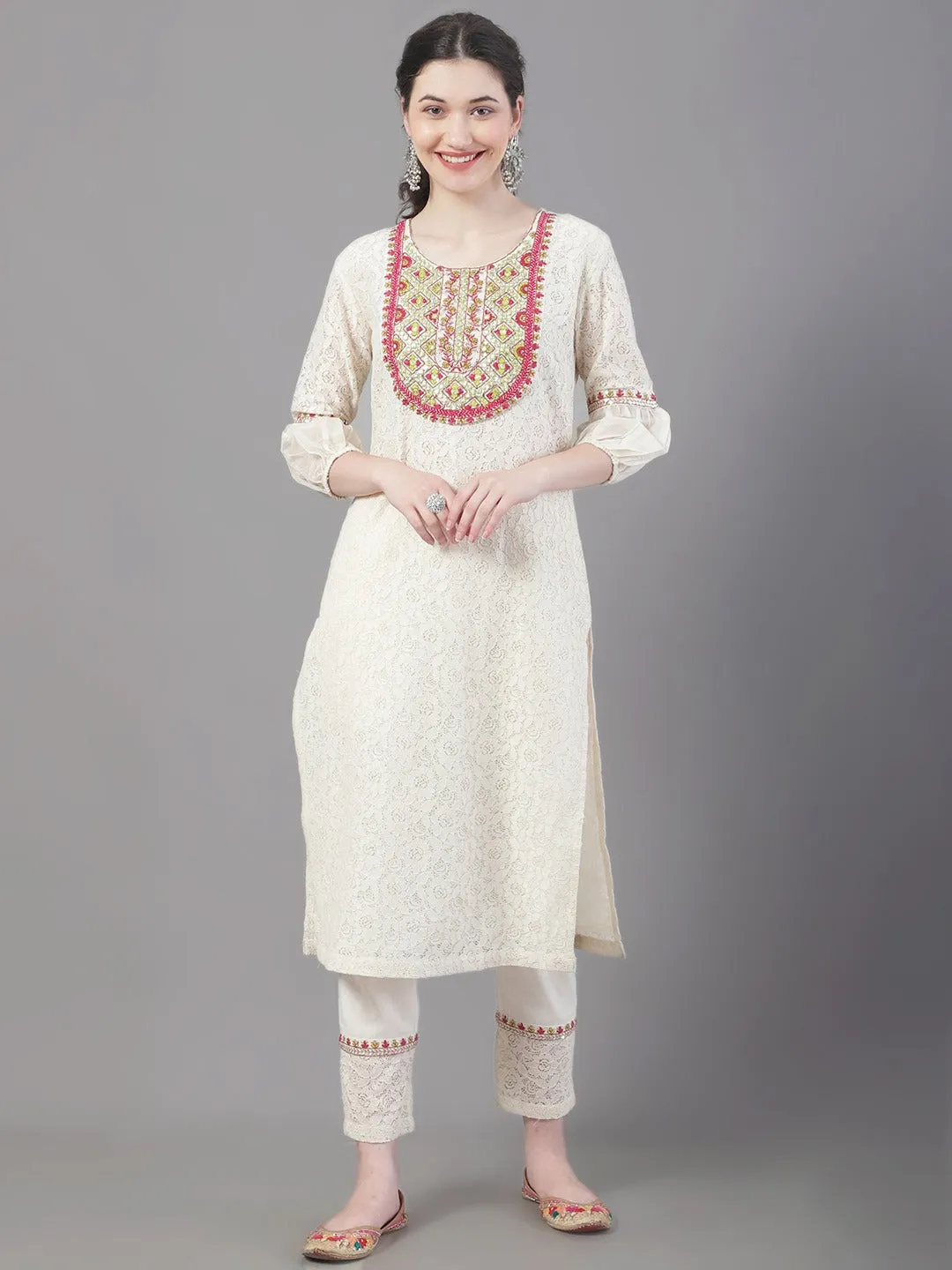 Women Embroidered Pure Cotton Kurta With Trousers & Dupatta