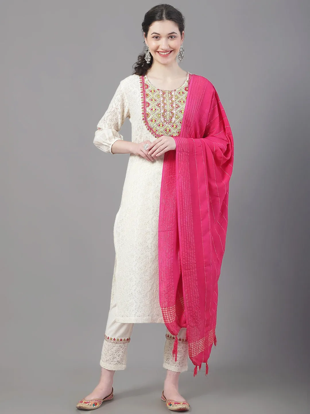 Women Embroidered Pure Cotton Kurta With Trousers & Dupatta