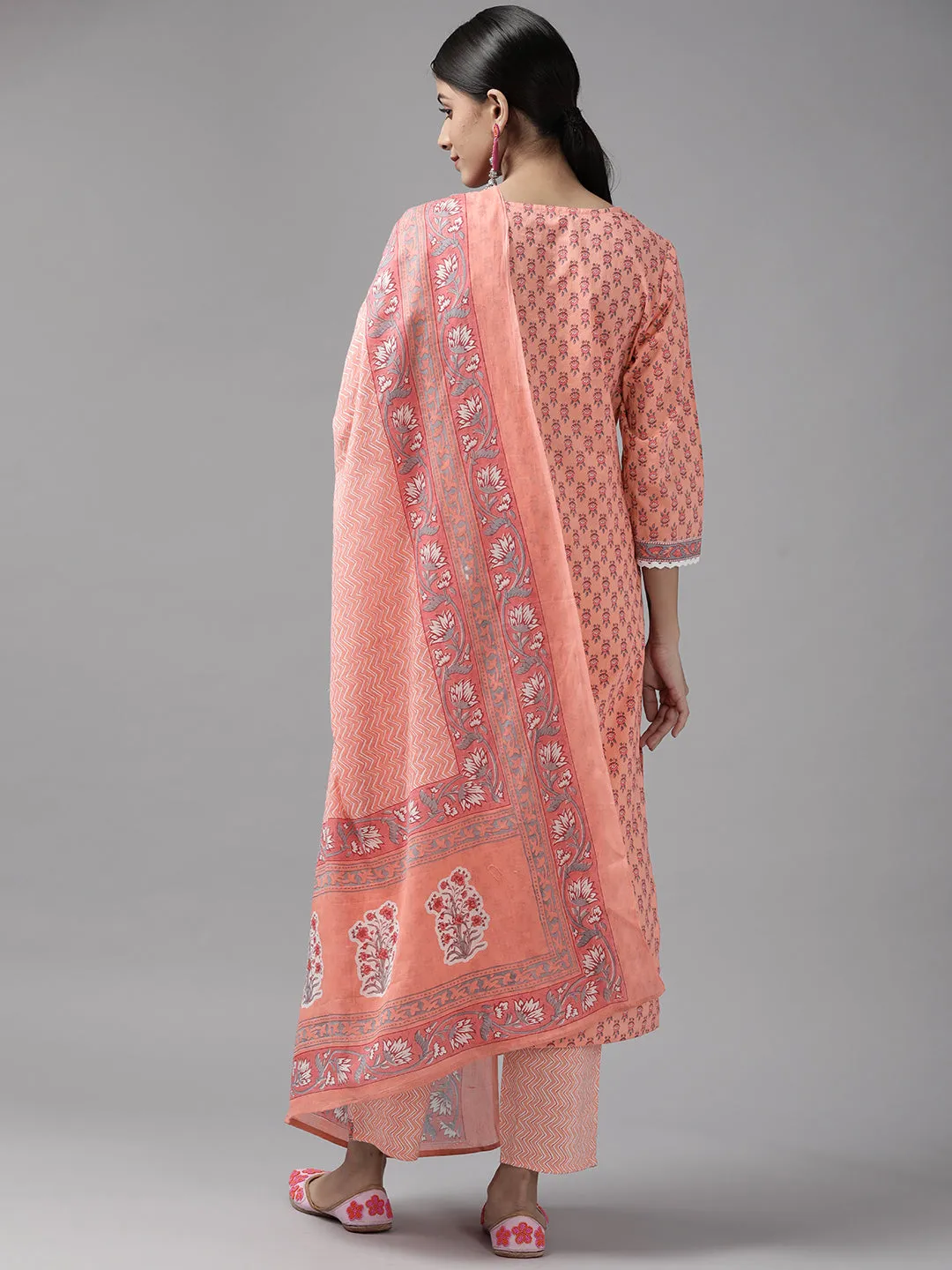 Women Ethnic Motifs Pure Cotton Lace Work Kurta With Dupatta Set