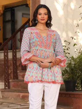 Women Ikat Printed & Embroidered Sky Blue Cotton Voile Peplum Tunic