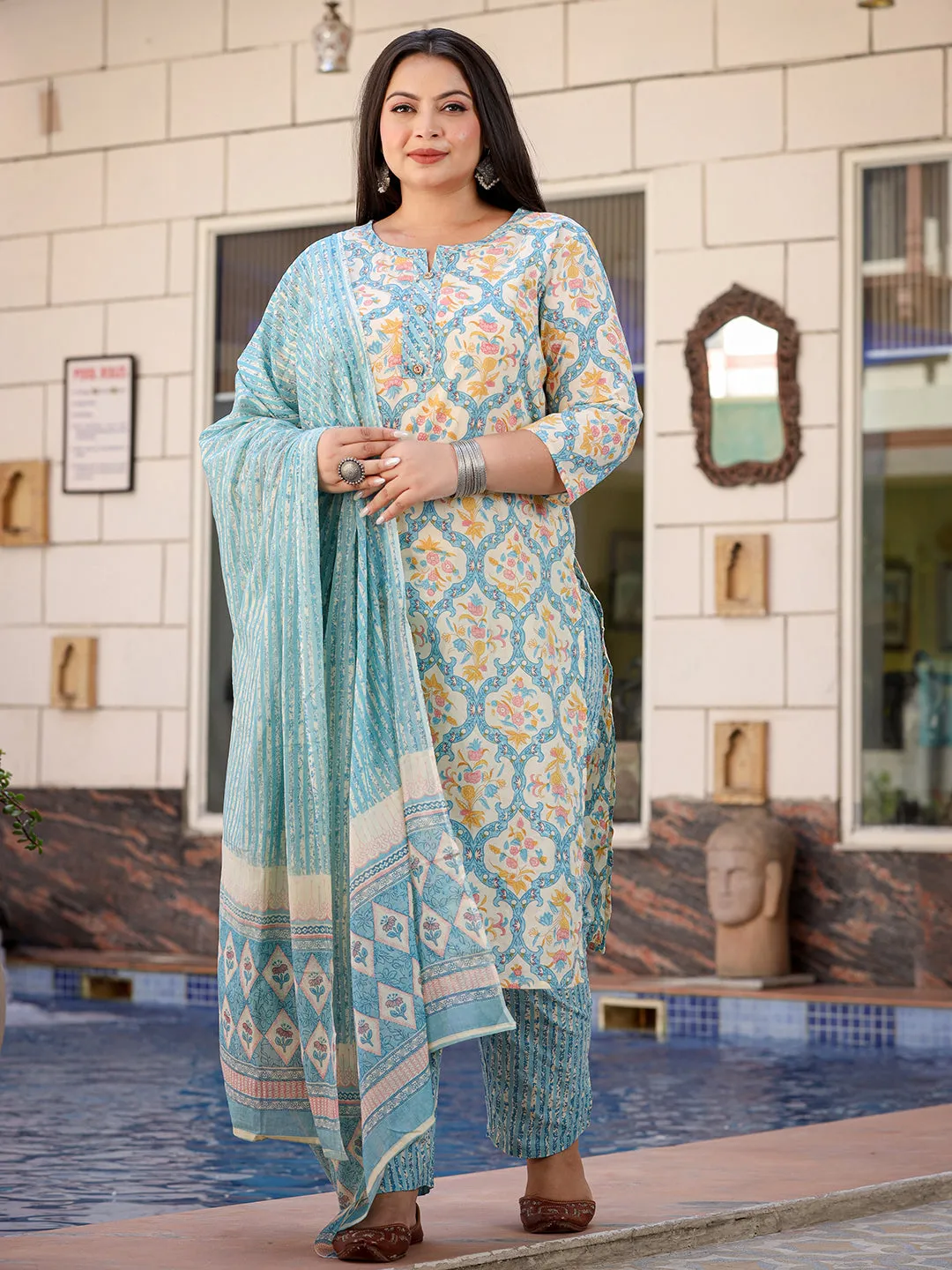 Women Plus Size Sky Blue  Pure Cotton Kurta Set With Dupatta