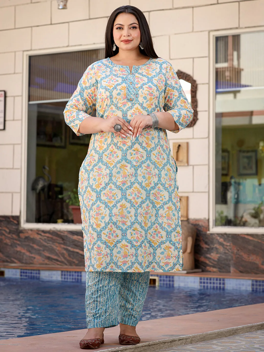 Women Plus Size Sky Blue  Pure Cotton Kurta Set With Dupatta