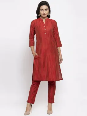 Women Red Self-Striped Kurta With Trousers