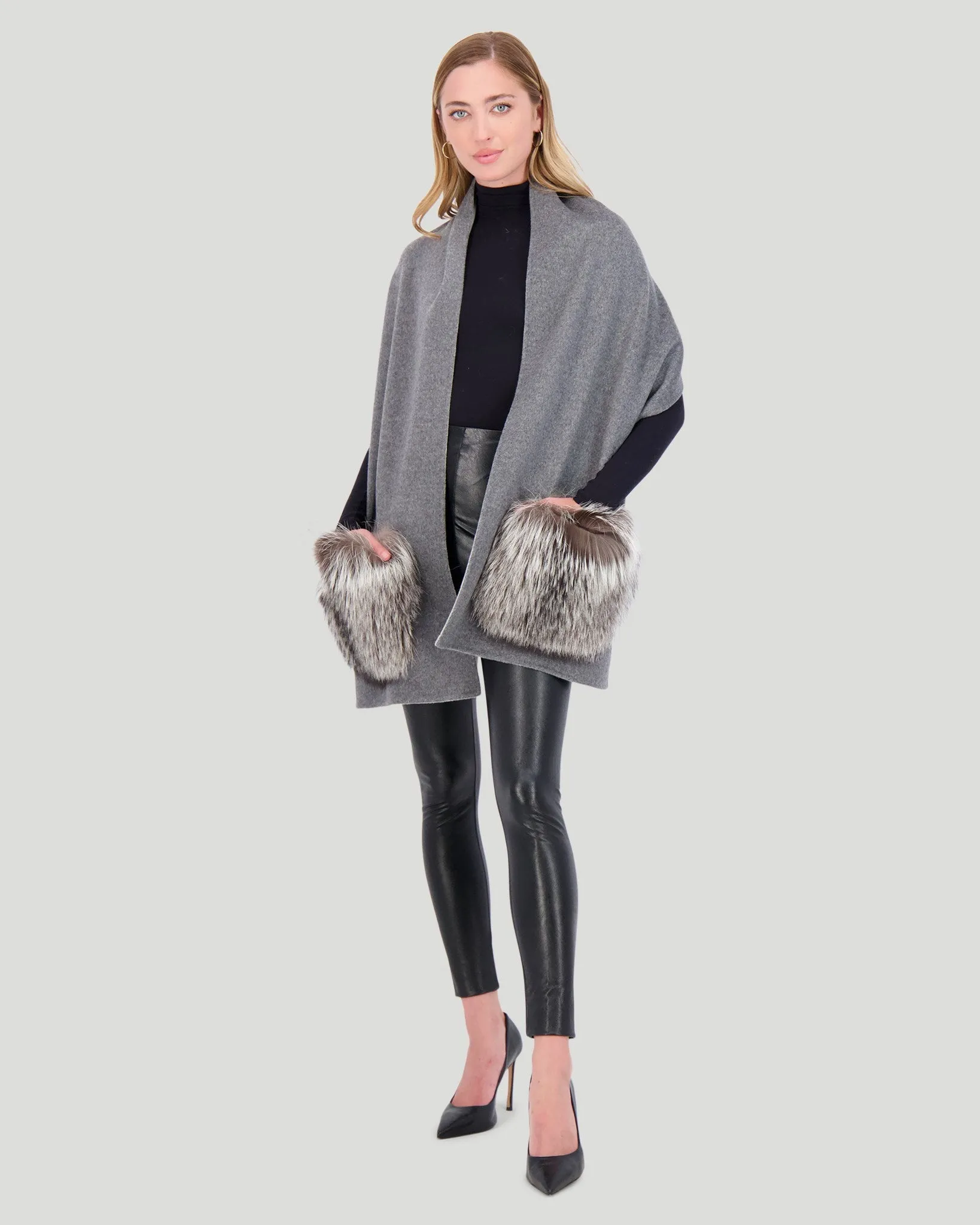 Wool Stole with Silver Fox Pockets