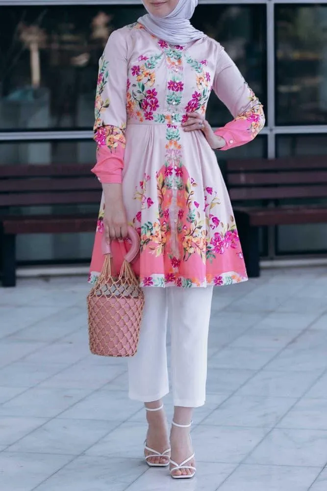 Zumra tall tunic shirt with ruffles and long sleeve in floral