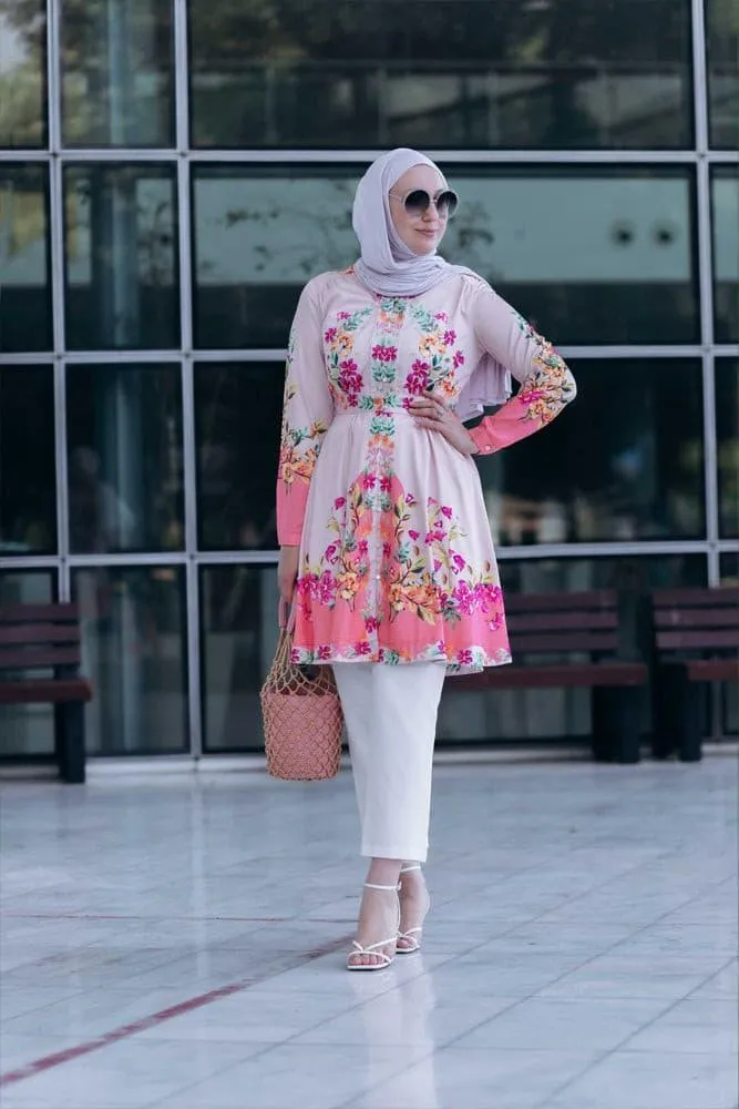 Zumra tall tunic shirt with ruffles and long sleeve in floral