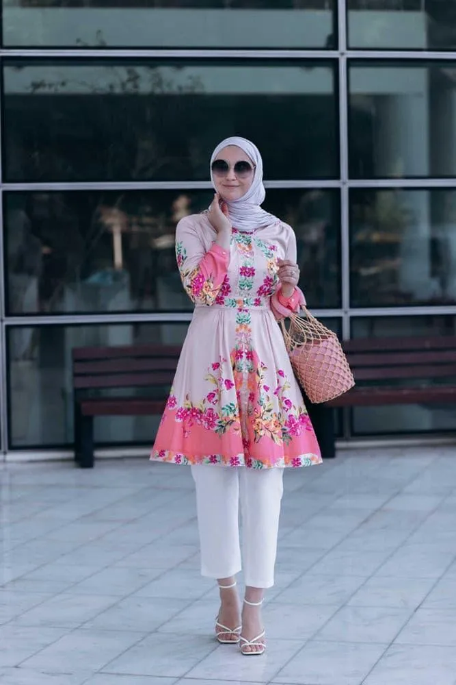 Zumra tall tunic shirt with ruffles and long sleeve in floral