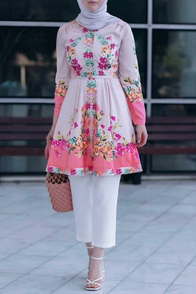 Zumra tall tunic shirt with ruffles and long sleeve in floral