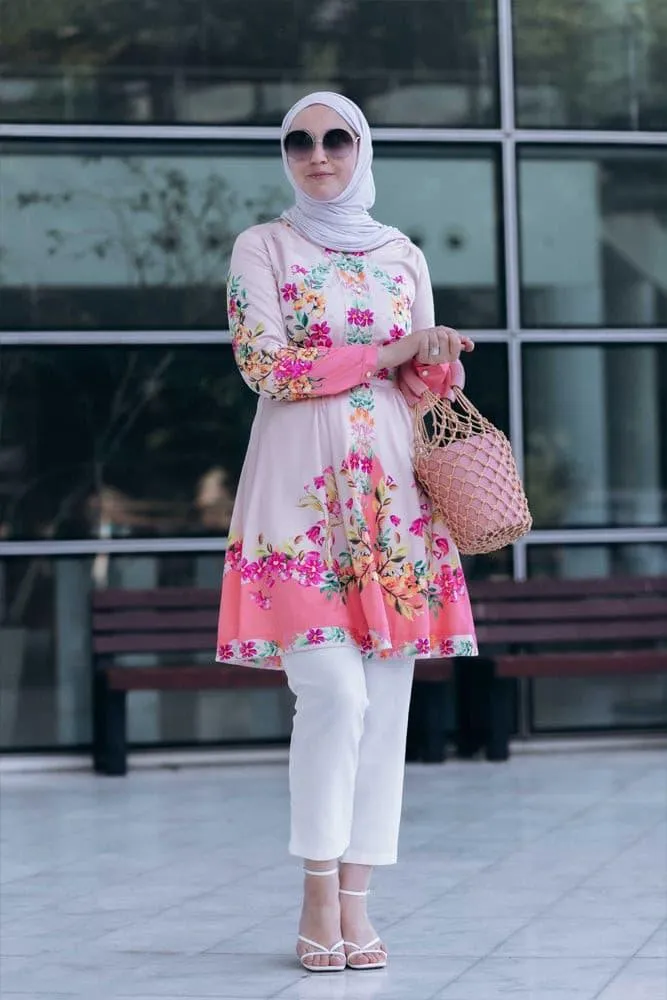 Zumra tall tunic shirt with ruffles and long sleeve in floral