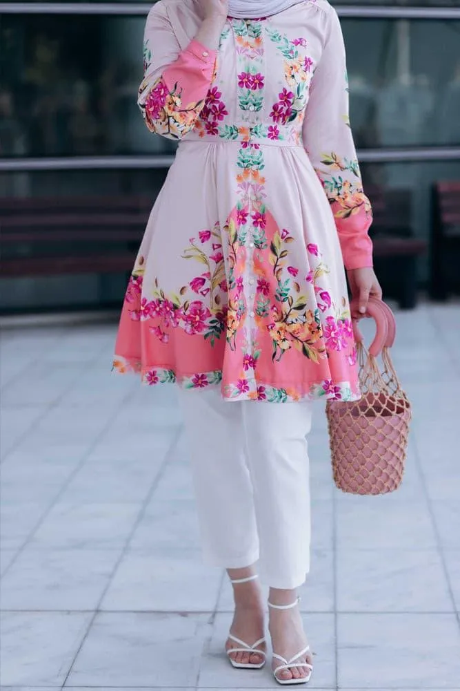 Zumra tall tunic shirt with ruffles and long sleeve in floral