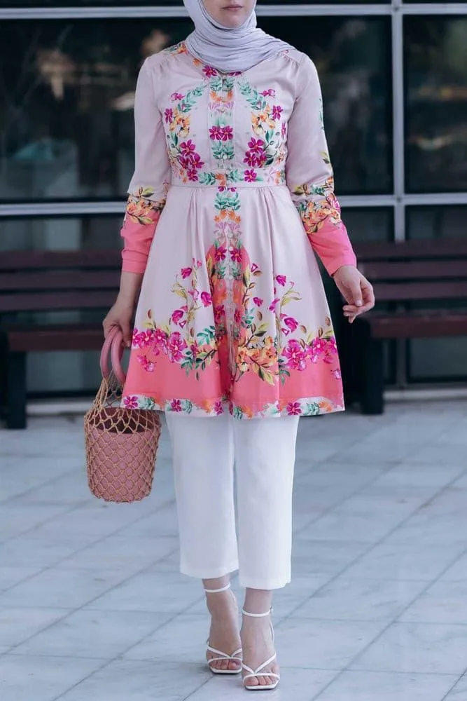 Zumra tall tunic shirt with ruffles and long sleeve in floral